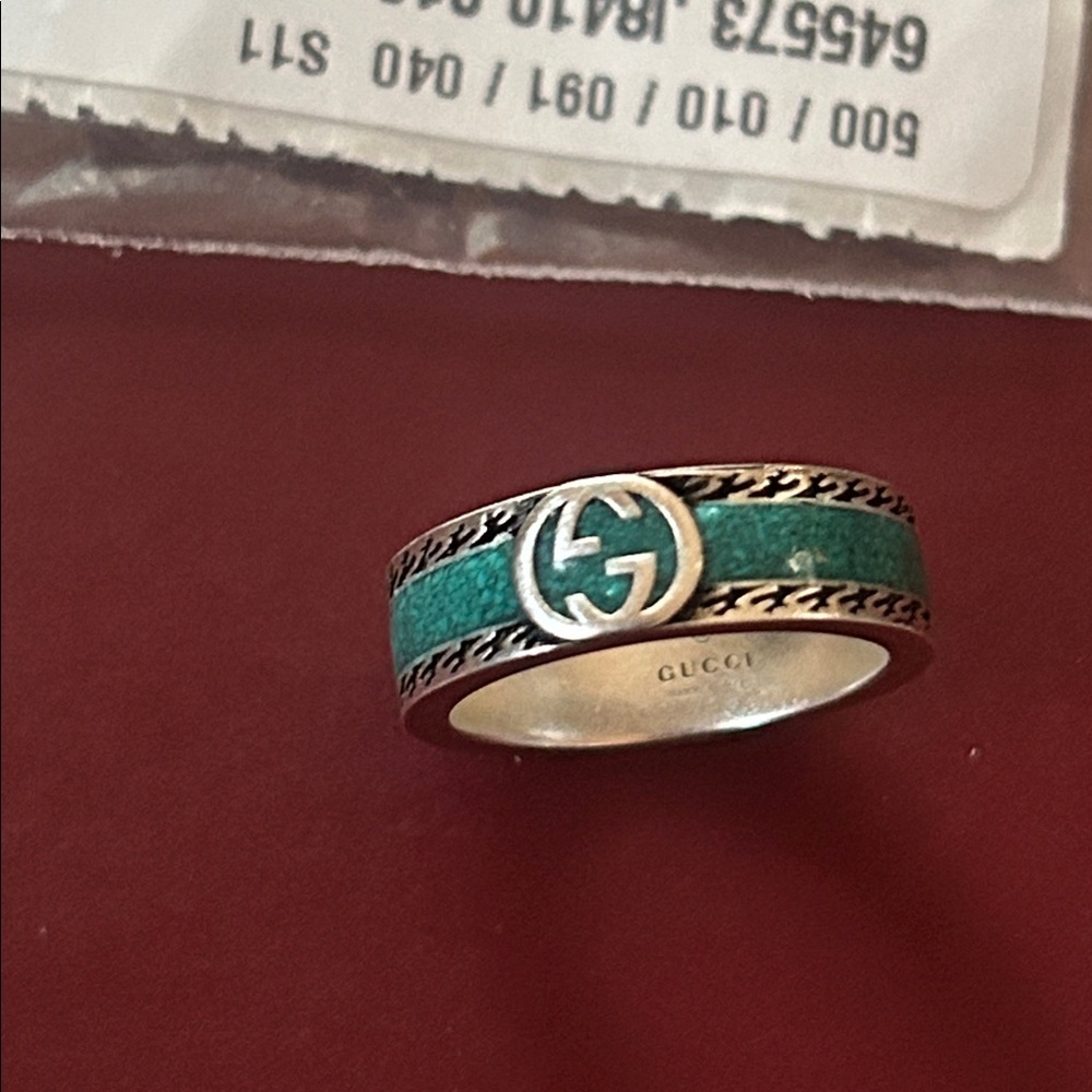 Gucci GG Sterling Silver Enamel Ring AG 925 Green Turquoise 645573 - Picture 2 of 16
